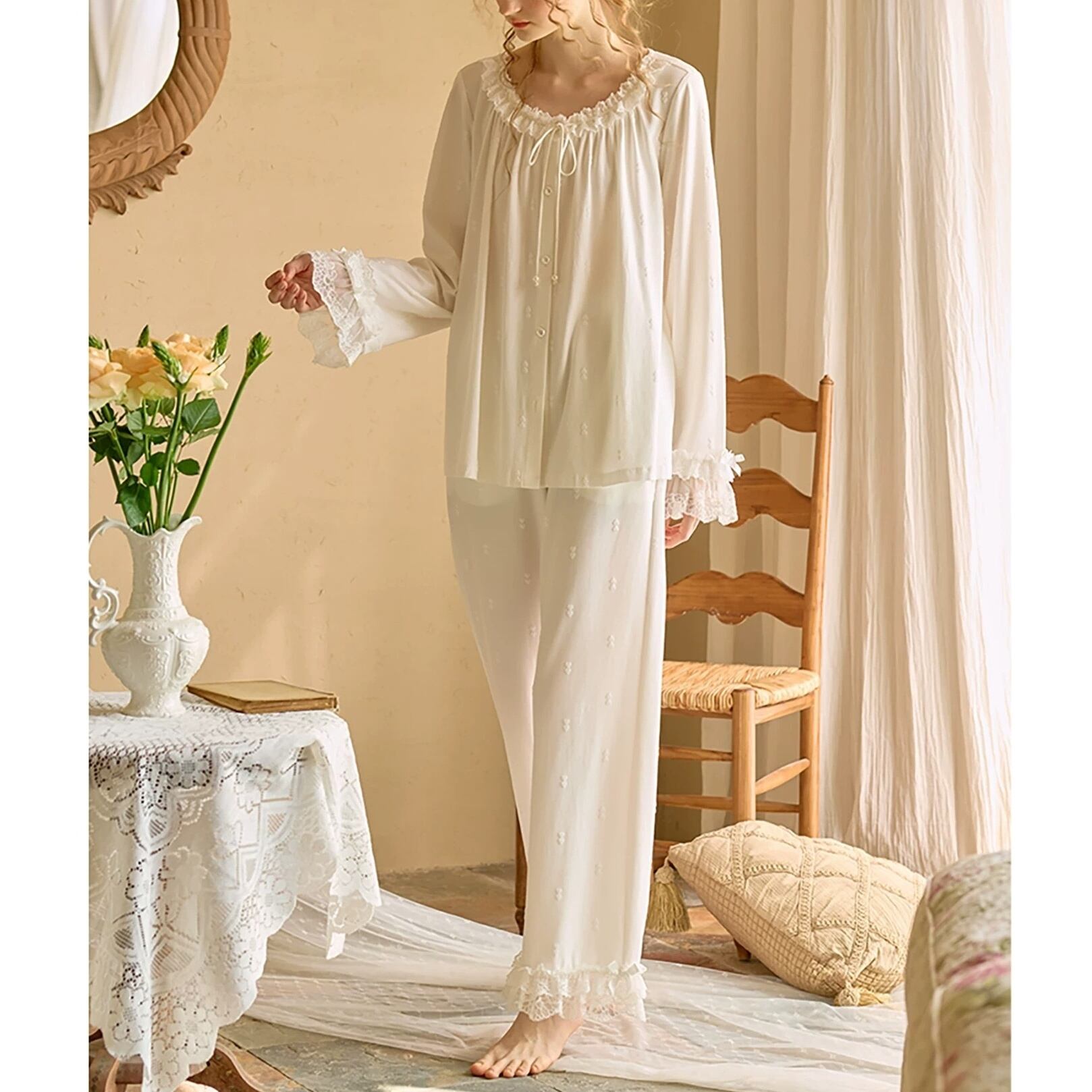 【3COLOR】【S-L】french style frill lace cardigan style pajamas p1746