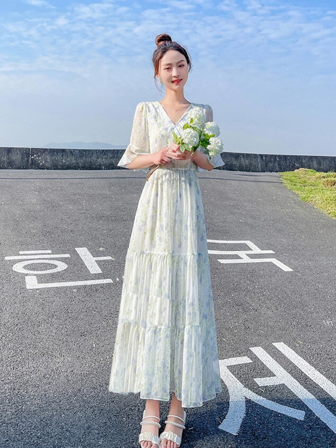 シフォン花柄フリル ワンピース K2205