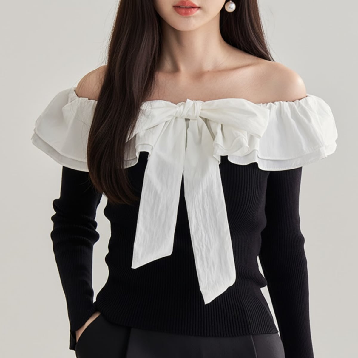 Statement Bow Off-Shoulder Ribbed Knit Top ch0117