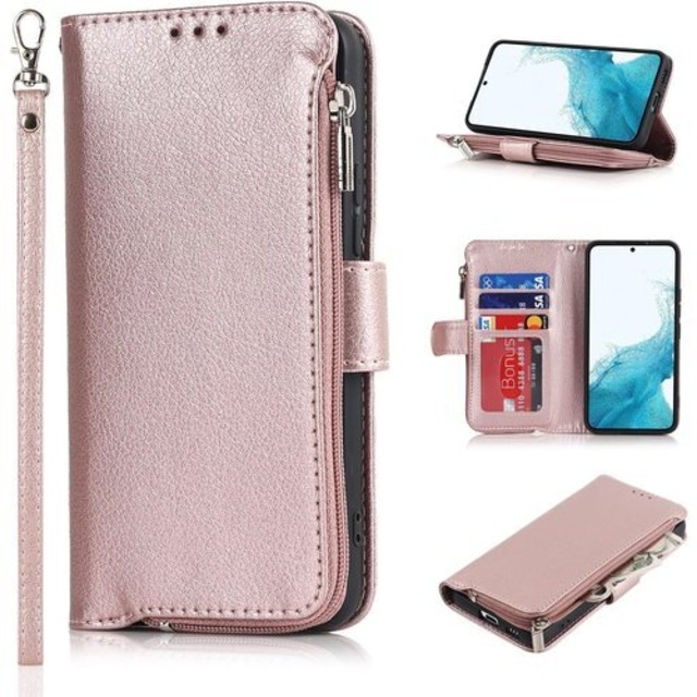 Pelanty Galaxy S22 ケース手帳型 Samsung Galaxy S22 5G ケース縄掛け SCG13 SC-51C ケース PU合皮レザー 軽量薄型 耐衝撃 サムスン ギャラクシー S22 5G 携帯カバー 小銭入れ札入れ大容量 財布型カード収納 ファスナー付き 横置きスタンド機能 ストラップ付き マグネット式 スマホケース Galaxy S22 5G 保護ケース ピンク 1314