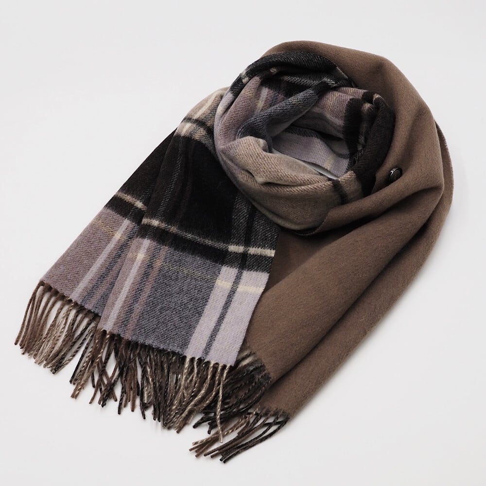 ウール100％ チェック柄×無地 リバーシブル ポンチョストール