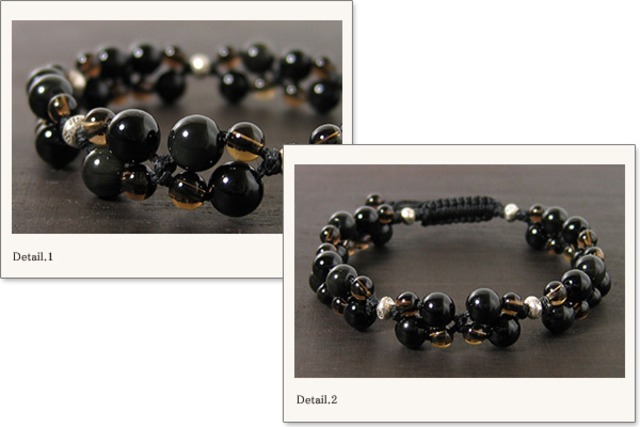 オニキス＋オブシディアン＋スモーキークォーツ花＊花マクラメブレスレット