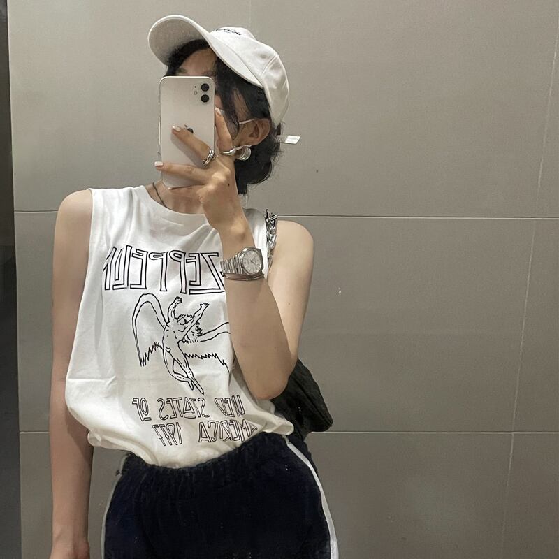 ホワイト薄手ノースリーブルーズTシャツ サマートップス 夏物 モンロー93146481428