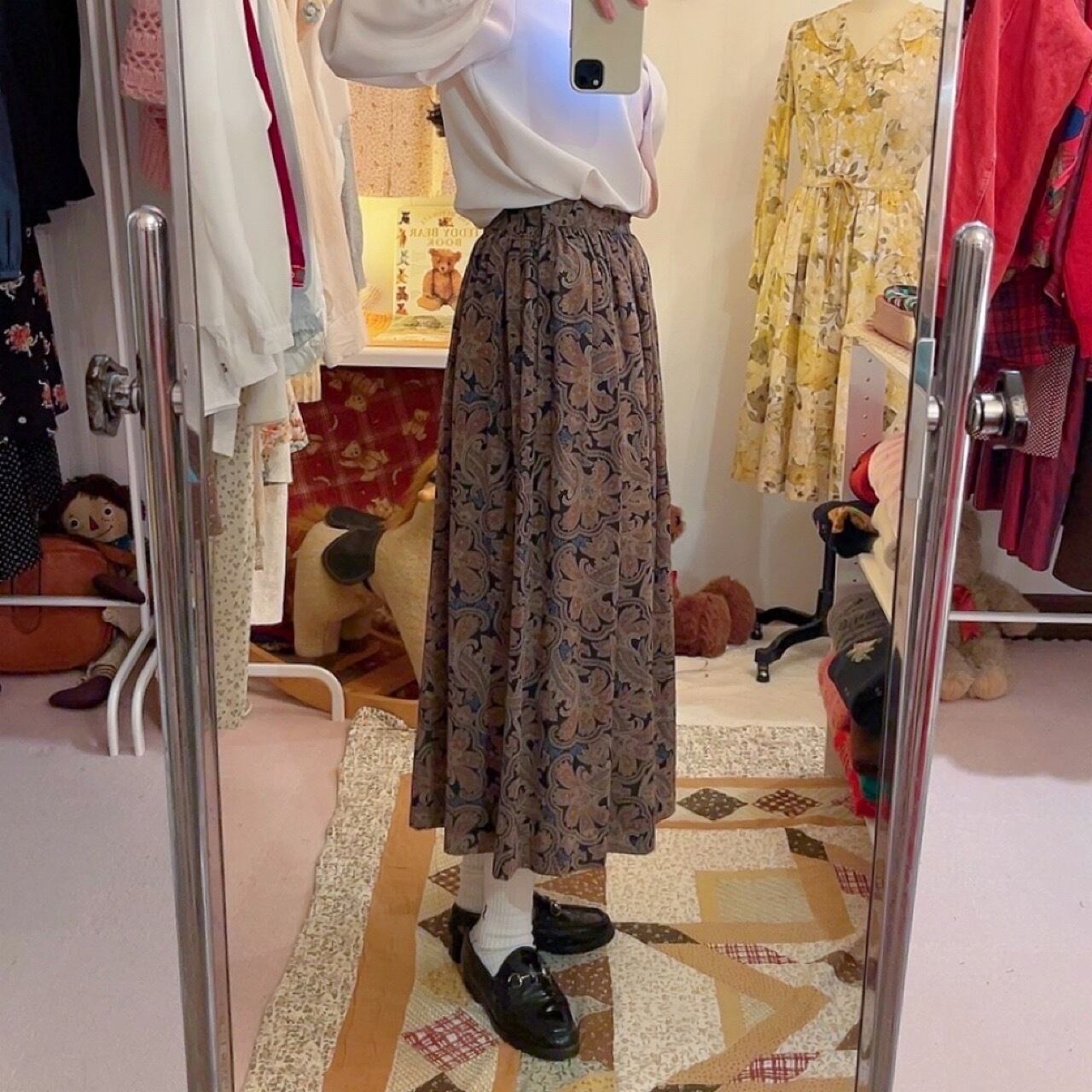 navy beige botanical flare skirt