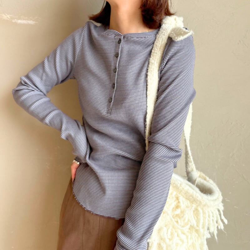 hirokon様専用:【 CLOCHE 】 ボーダーヘンリートップス ブルーブラウン