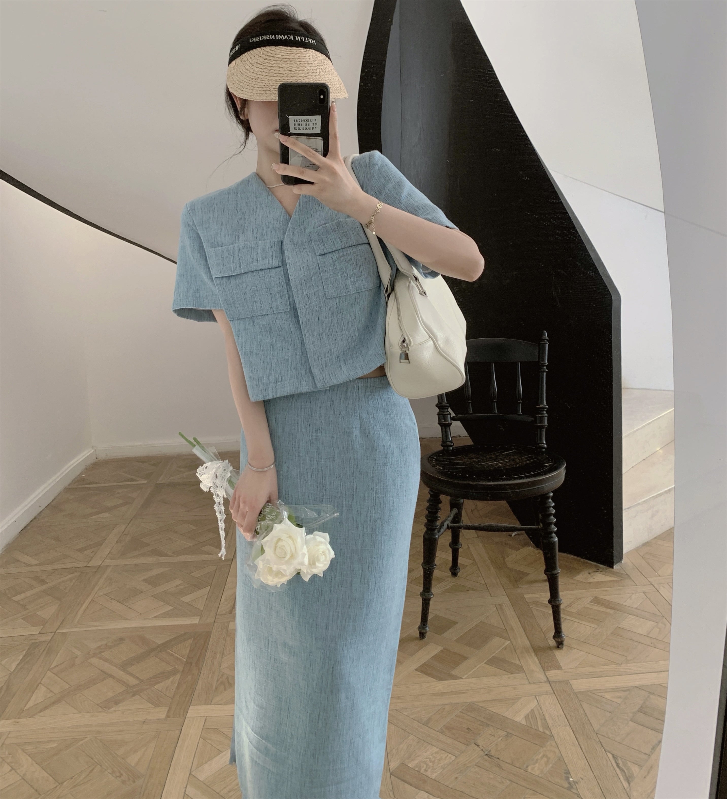 ジャケット 薄手ショートVネックブルーハイウェストウェストカーディガンサマースタイル 夏物 ブラックストロベリース1302697815