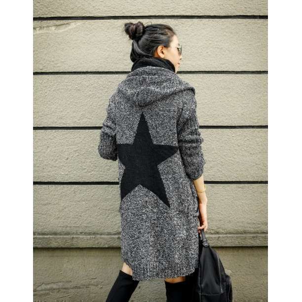 星柄♪ロングカーディガン レディース ニット カーディガン ダークグレー