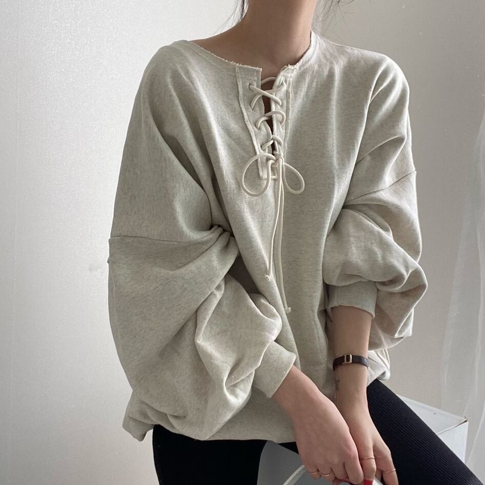 lace-up lantern sleeve round neck pullover m0153