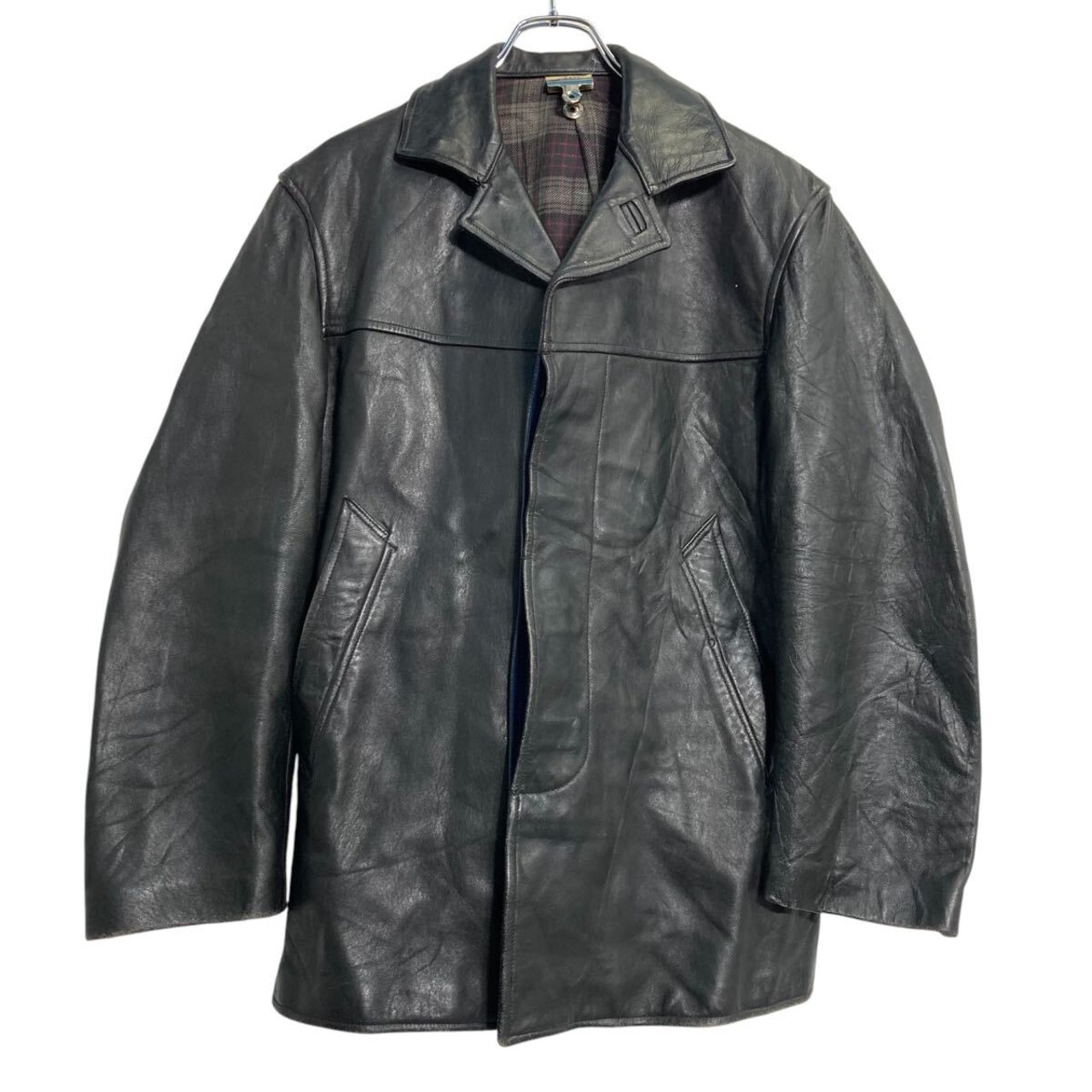 MIC CUIR フレンチ レザーコート L~ ブラック 裏地チェック ユーロ  