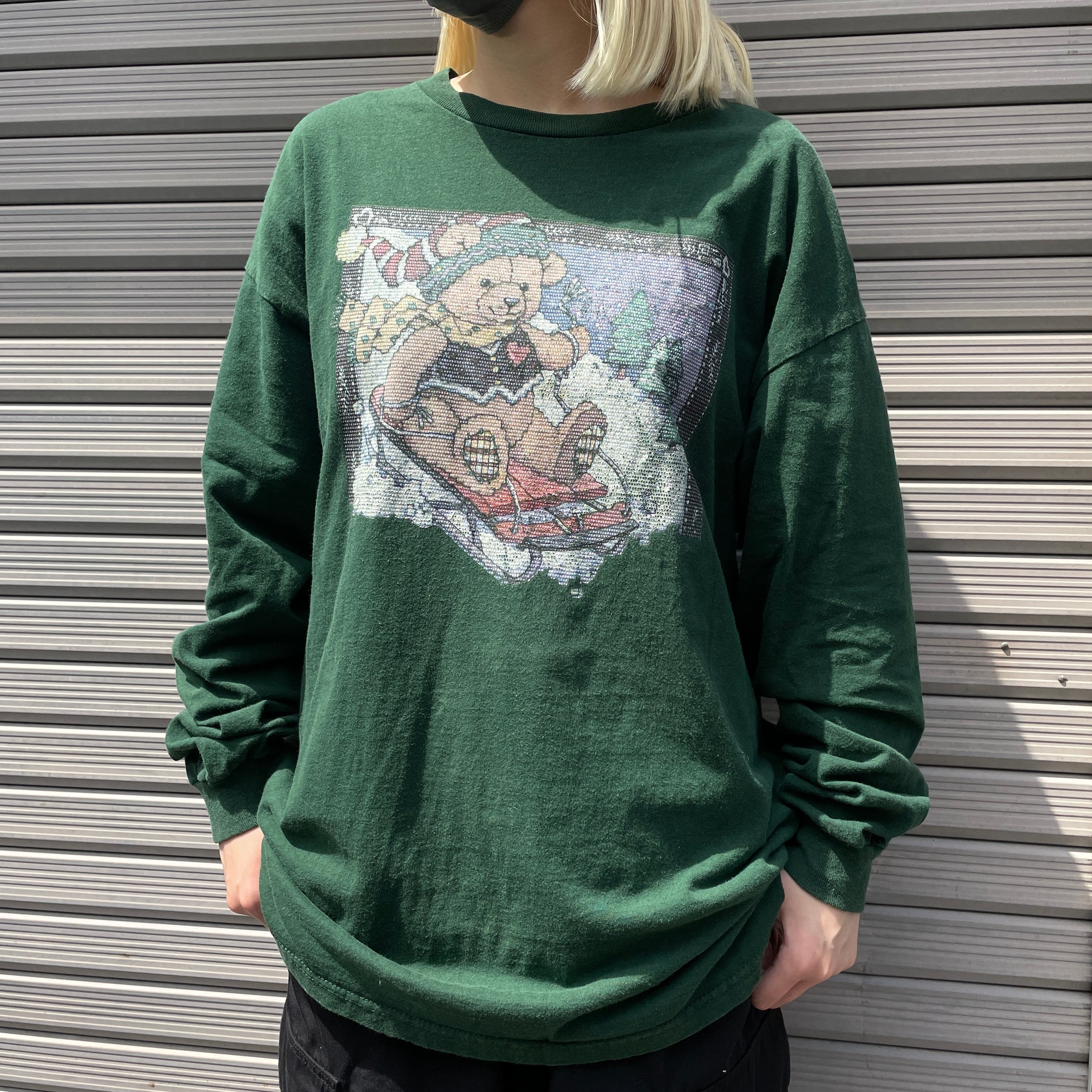 00年代 くま アニマルプリント ロングTシャツ メンズXL 古着 00s