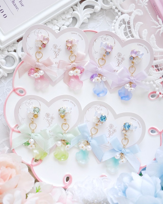 8707 キャンディペタルリボンビジューピアス/イヤリング