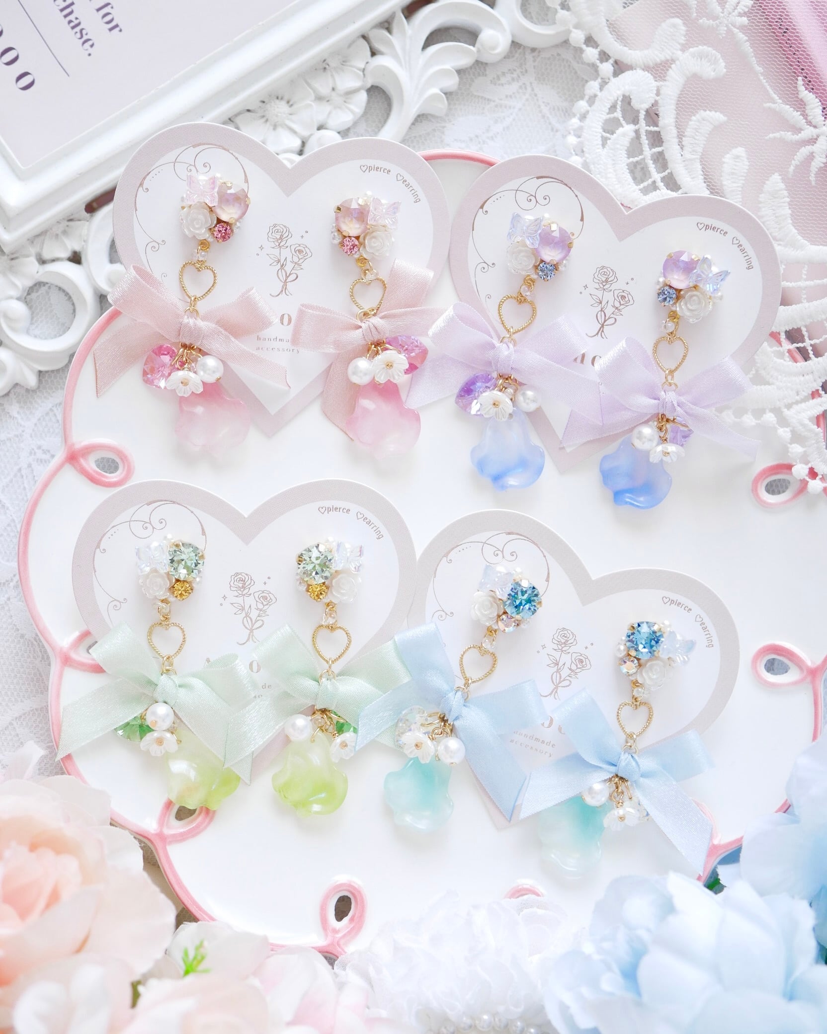 8707 キャンディペタルリボンビジューピアス/イヤリング