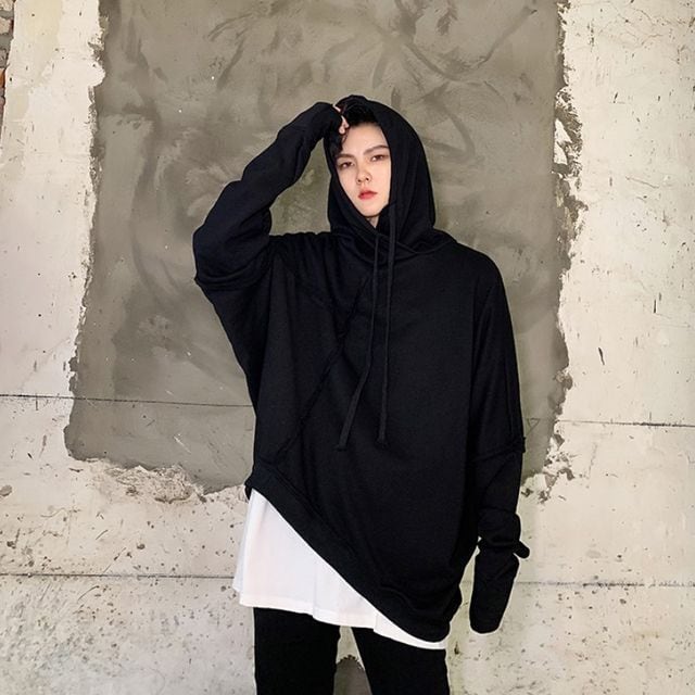 【予約販売】パーカー トレーナー スエット アシンメトリー 長袖 メンズ 無地 カジュアル こなれ感 お洒落 韓国 トレンド 秋冬春 M/L/XL