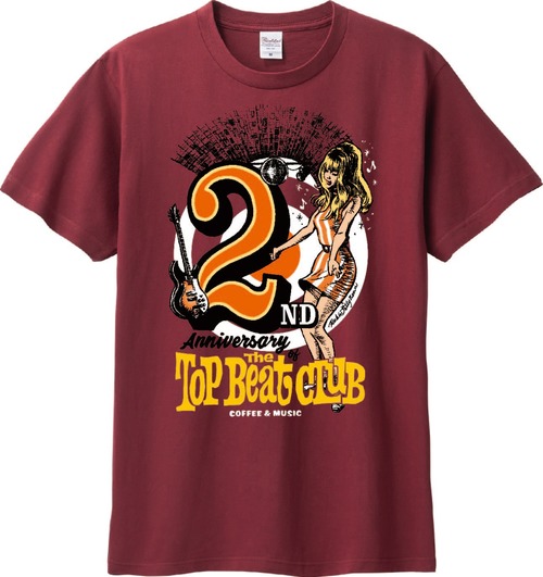 TOP BEAT CLUB 2nd Anniversary "ROCKIN' JELLY BEAN" デザイン Tシャツ (バーガンディ)