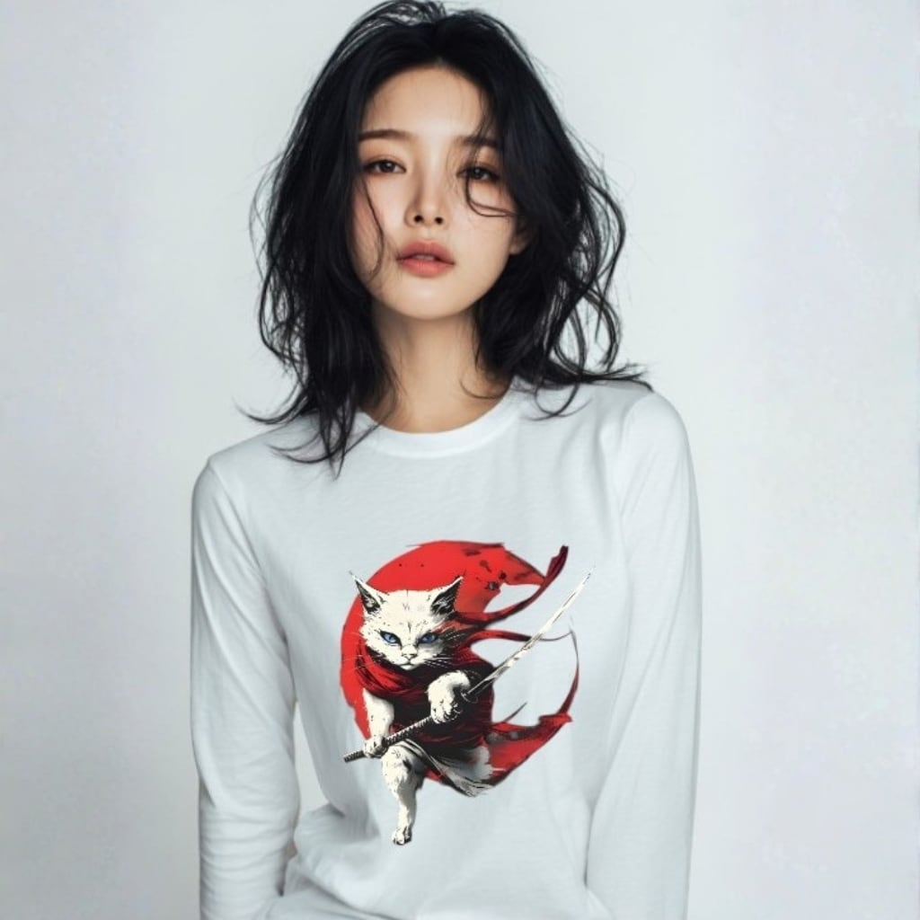 「紅月斬りの猫剣士｜和モダン  /ロングTシャツ リブなし