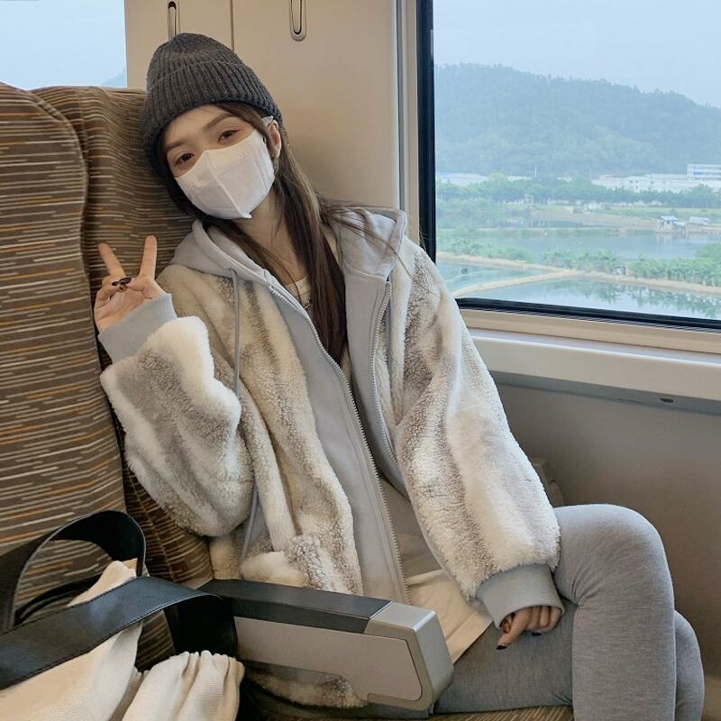 フェイクウールフードスウェット ジャケット オータムウィンタールーズトップス 秋物 冬物 ファー 試着室54772562844