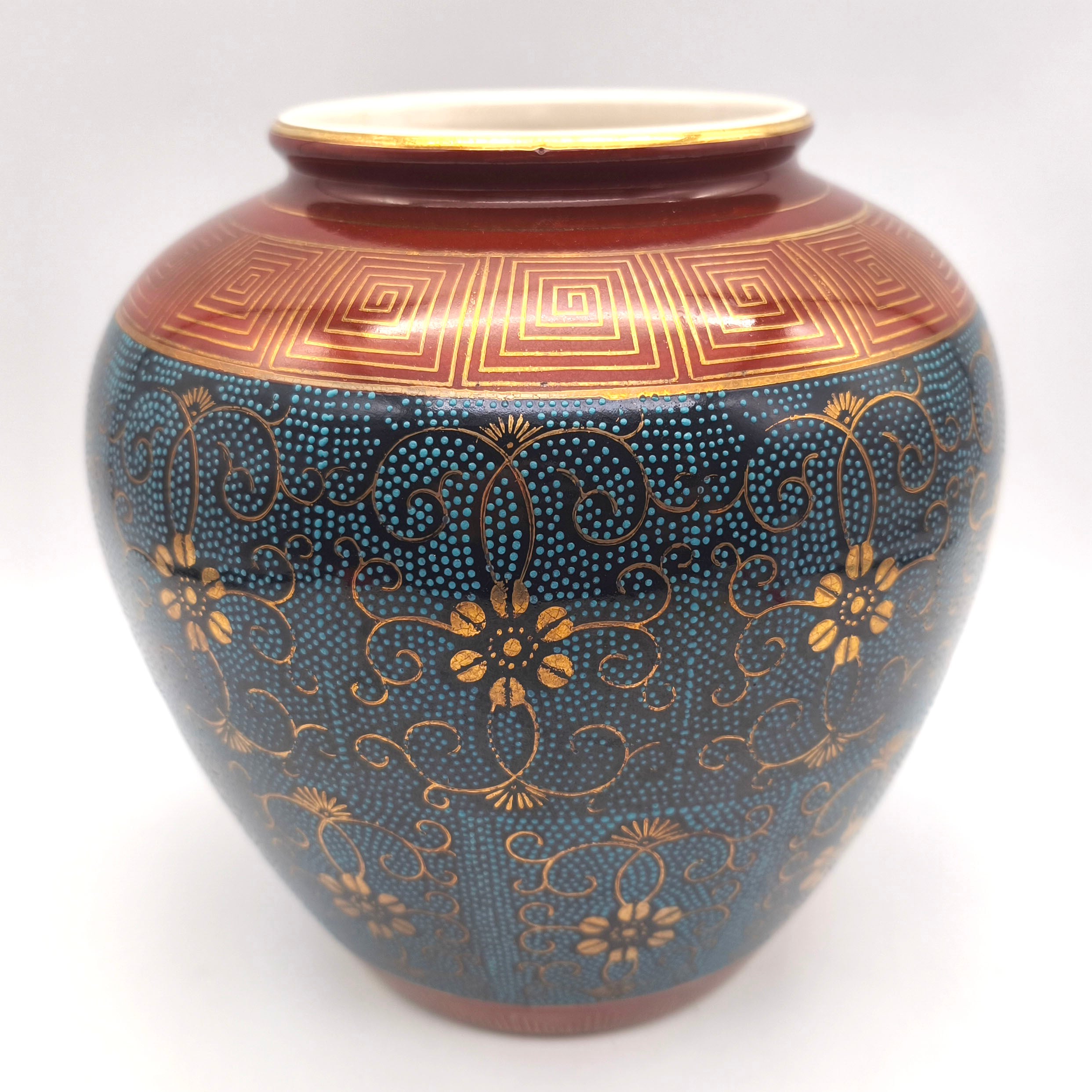 九谷焼・清峰・青粒鉄仙・唐草文様・花器・花瓶・花入・No.260619-41