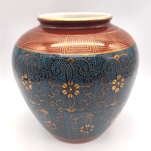 九谷焼・清峰・青粒鉄仙・唐草文様・花器・花瓶・花入・No.260619-41・梱包サイズ80