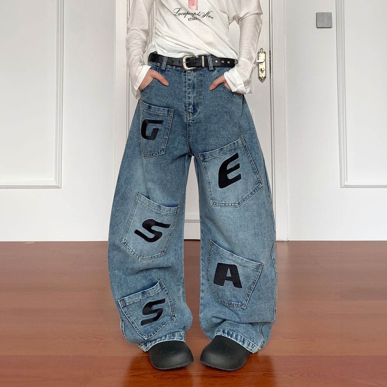 レタリングポケットデザインワイドデニムパンツ R00800