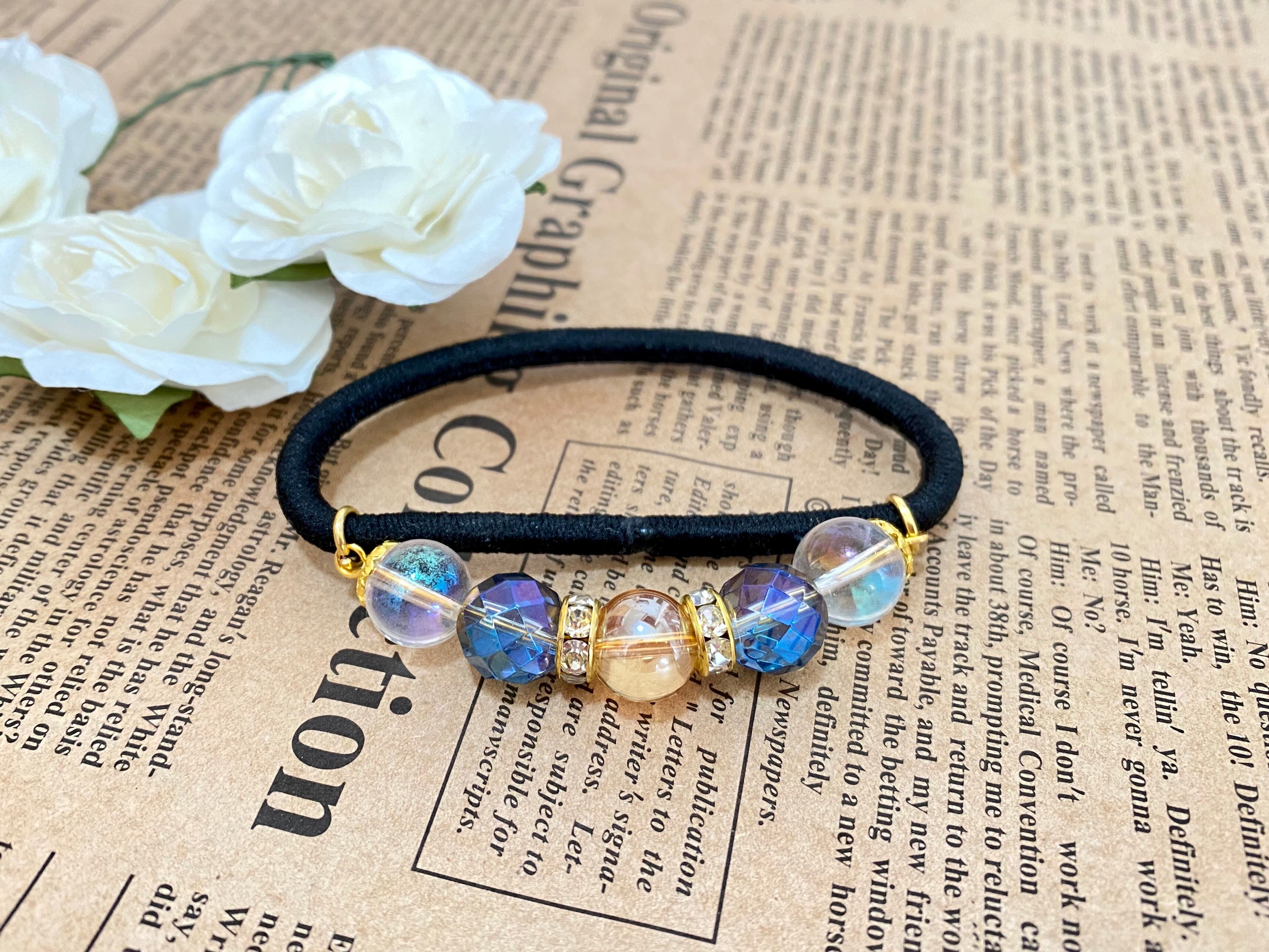 ◇美麗◇天然石ヘアゴム◇ゴールデンオーラ×多面カットアクアオーラ 