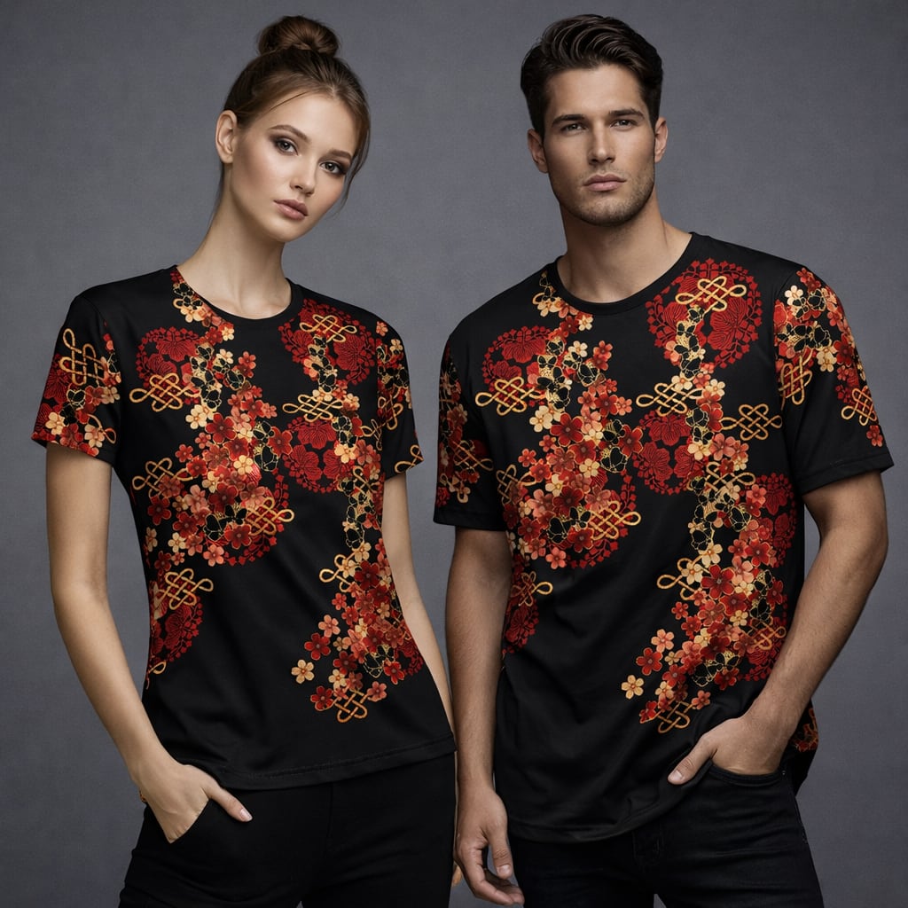 桜蝶紋様　和柄ユニセックスＴシャツ　スポーツ・コットン・ベルベット素材