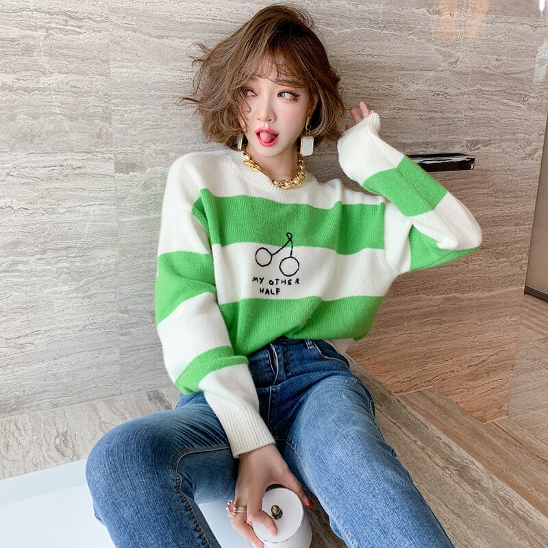 カラーストライプラウンドネックルーズショートセーター スタイル Oネック MIUCO19786926917