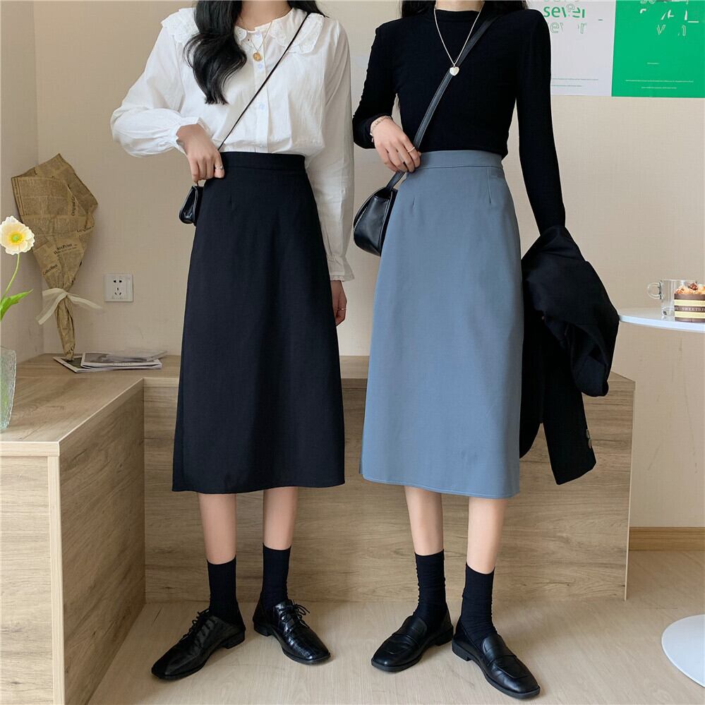 ウェストロングスカート オータムサマースタイルバックスリットAラインブラック 夏物 秋物 YY-ファッション51062885452