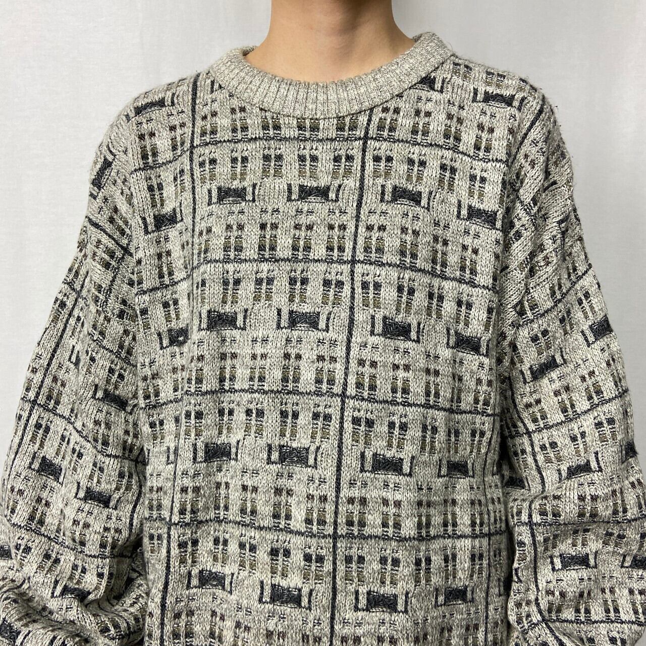 90年代 ST JOHN'S BAY 総柄 コットン×アクリル ニットセーター メンズ