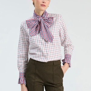 VILAGALLO トリコロールカラーチェックリボンフリル厚てコットンブラウス　SPAIN:VIL33984 ¥32,000+tax