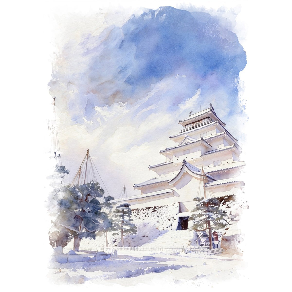 絵画 風景画 日本の城 福島県会津若松城(鶴ヶ城) インテリアアート額付き 水彩画・油絵風 WAT0947