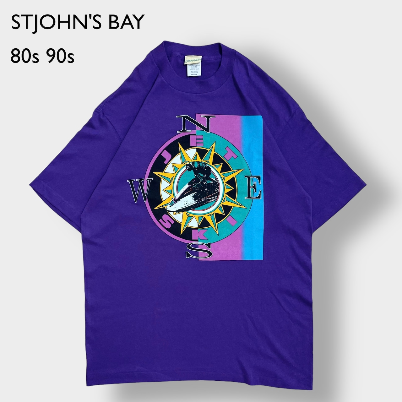 【STJOHN'S BAY】80s 90s usa製 プリント Tシャツ シングルステッチ JETSKI ロゴ M パープル ヴィンテージ  OLD 半袖 us古着