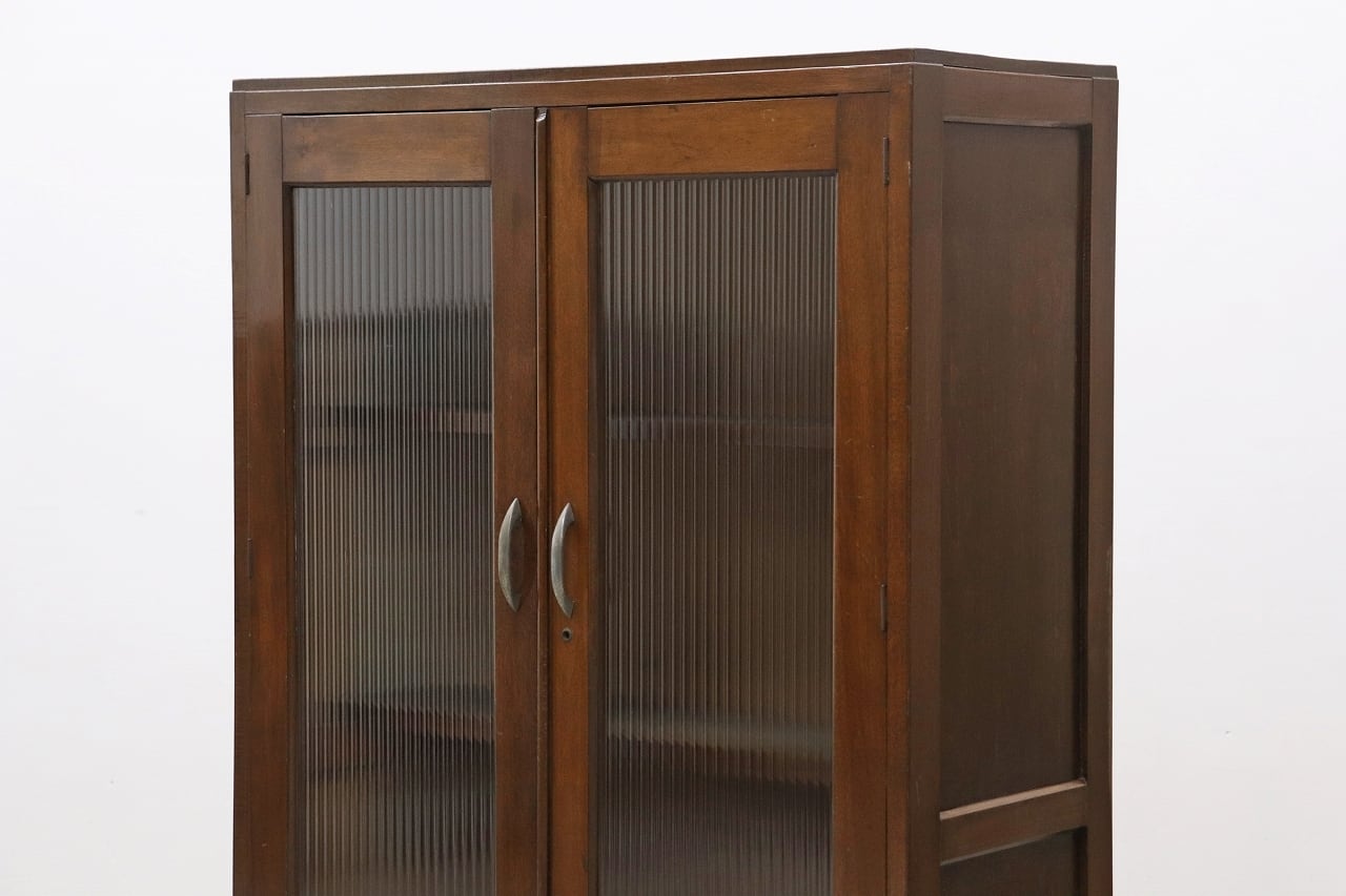 アンティーク ガラス キャビネット 食器棚 戸棚 水屋箪笥 無垢材 無塗装 沼津店】レトロ 無垢材 本箱 食器棚 書庫 戸棚 収納