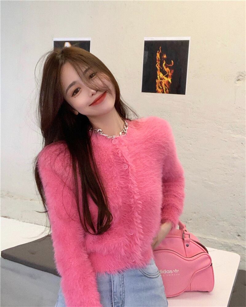 セーター ショートスリムニットトップス スプリングオータムカーディガンジャケット 春物 秋物 ブラックストロベリース60839152711