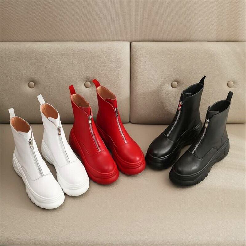 【新作】【送料無料】 厚底ハイヒールプラットフォームアンクルブーツフロントジッパー滑り止めショートブーツ流行の靴女性ベージュブラックレザー冬 シューズ ウィンター 冬物 10b318898539085