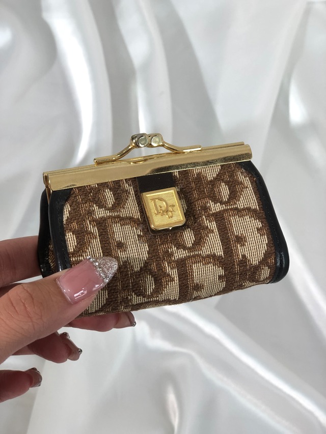 Christian Dior  ディオール トロッター Diorモチーフ ジャガード×レザー がま口 コインケース ブラウン mcrrev