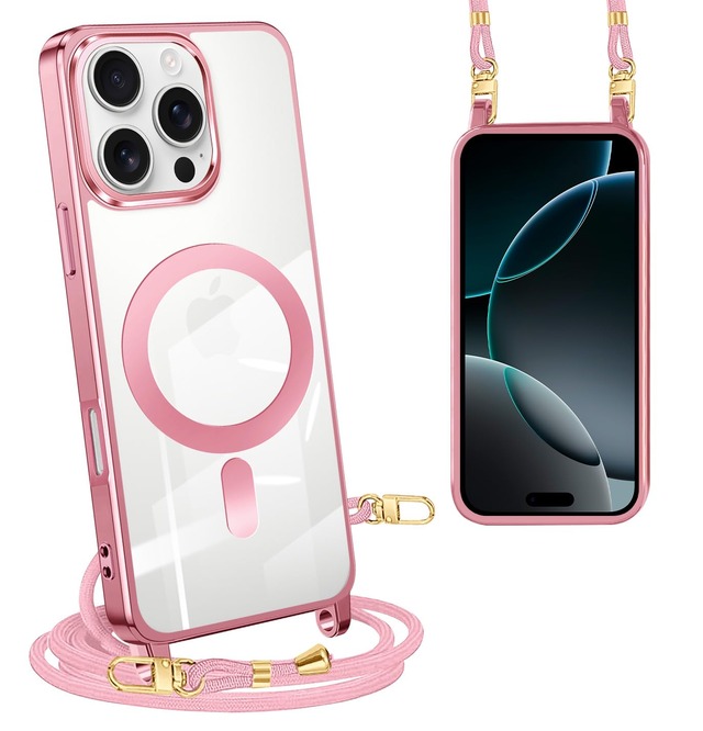 yingyuantuo iPhone 15 Pro 用 ケース クリア ローズゴールド ショルダー TPU MagSafe対応
