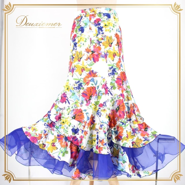 社交ダンス 衣装 スタンダード スカート レッスンウェア Sekine ホワイト系 ピンク系 ブルー系 グリーン系 イエロー系 オレンジ系 練習着 花柄 白 緑 青 黄色 フラワー柄 花柄スカート ロングスカート ダンススカート 競技ダンス 練習用 スタンダード用 社交ダンス練習着 社交ダンス衣装 レディース Mサイズ ポリエステル 伸縮性あり ファスナー付き フリル風 ティアード風 シフォン風 レース風 青系 派手柄 カラフル 白地 スカート丈84cm 9号 トルソー使用 透け感風 裾広がり