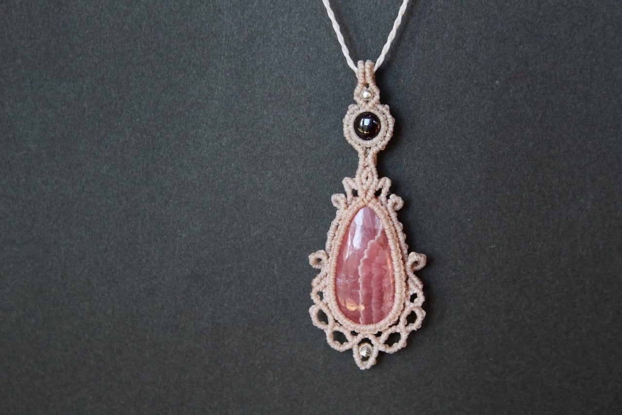 Rhodochrosite  & Rhodolite Garnet micro macrame  pendant