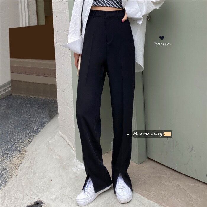 ブラックカジュアルパンツ ハイウェストウェストスプリングオータムルーズ 春物 秋物 モンロー12797104510