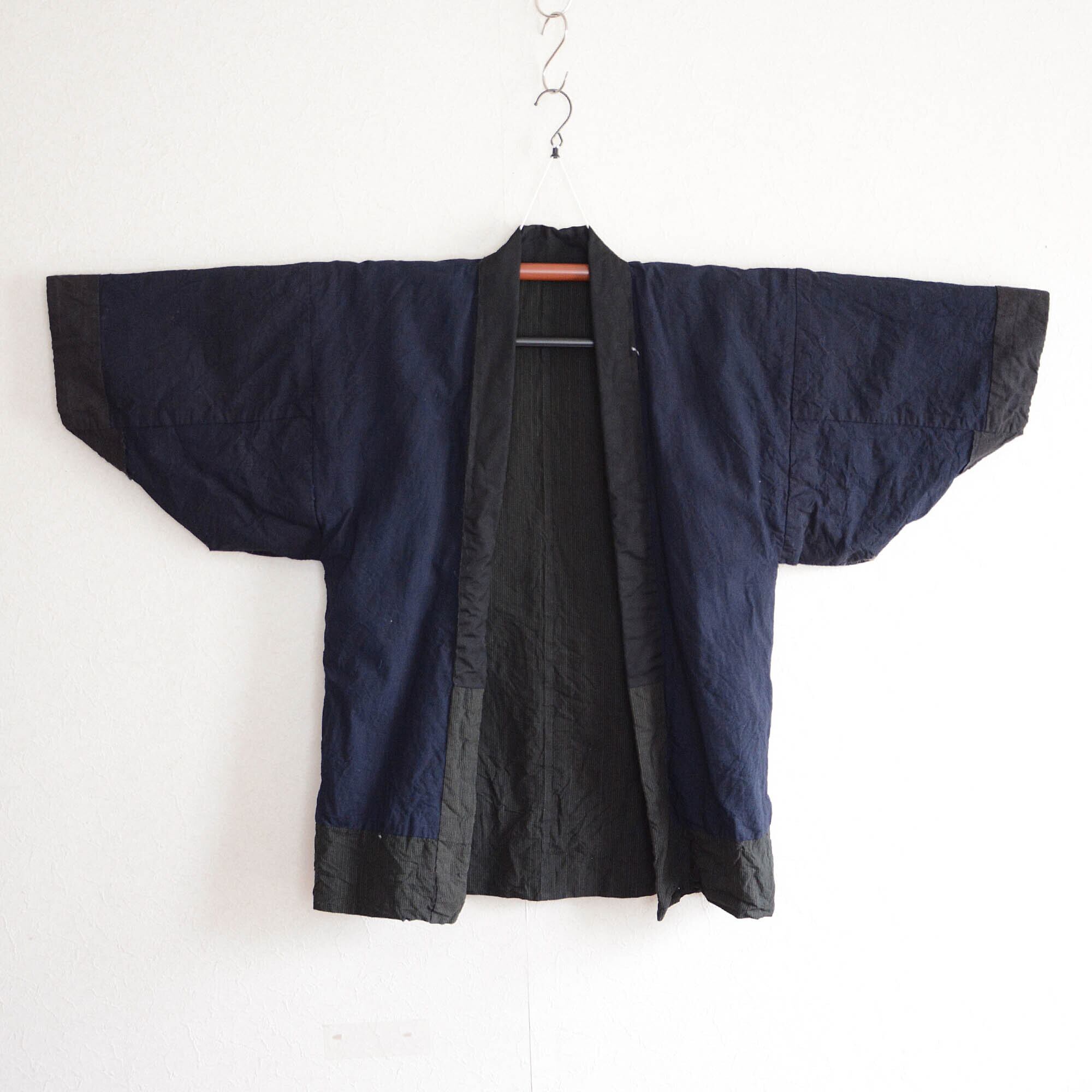 野良着 メンズ 古着 藍染 木綿 着物 古布 縞模様 ジャパンヴィンテージ