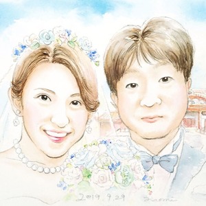 優しい似顔絵(2名)優雅で上品なホワイトフレーム入り-送料無料-