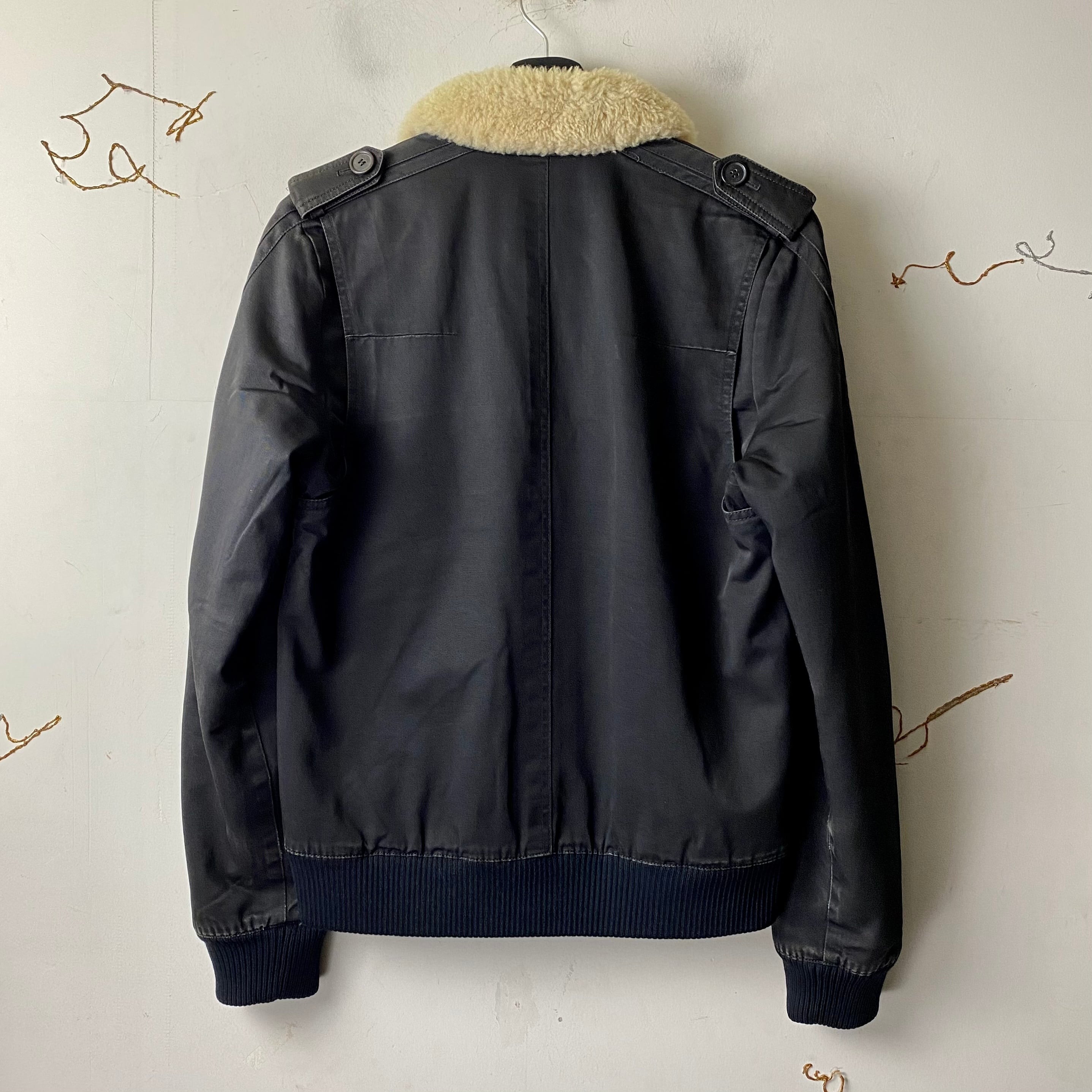 2005AW DIOR HOMME black cotton riders jacket with boa collar 