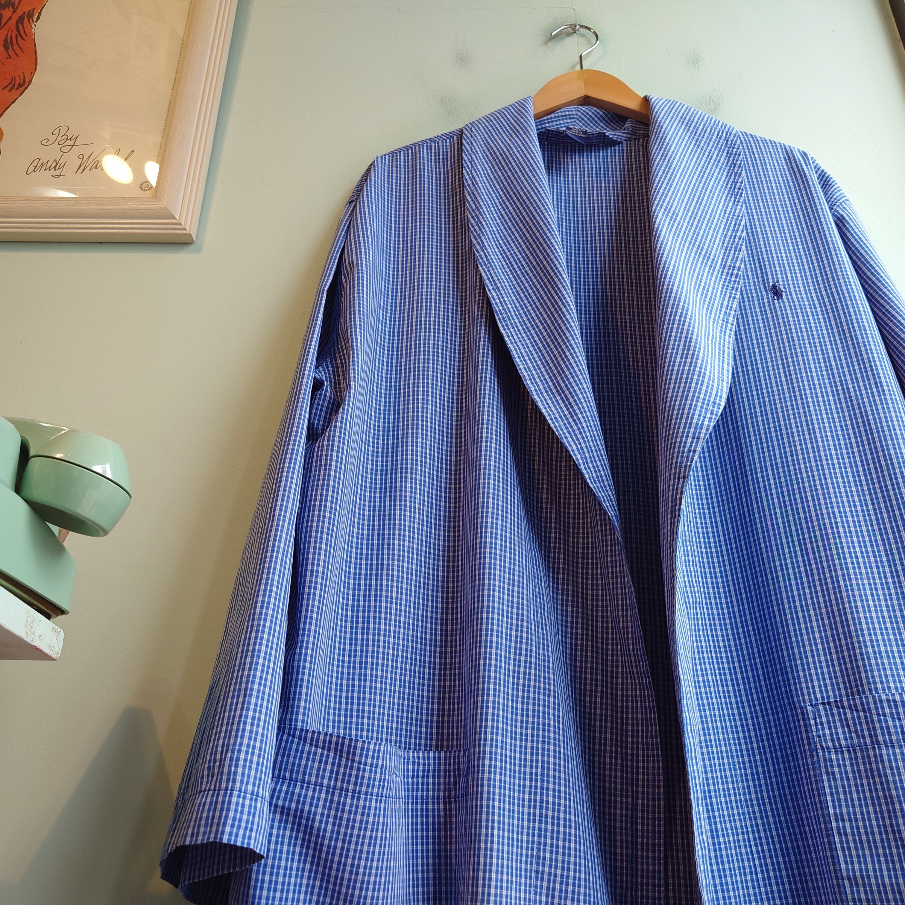 vintage チェック ロング ガウン 青 M 日本製 RALPHLAUREN チェックガウン ルームローブ コットンガウン 青系 S/M