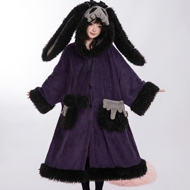 スカルラビット ロングコート うさぎ耳コート フェイクファー ふかふか 厚手 冬コート
