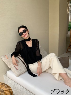 V-neck chiffon shirt camisole withTied Ribbon Set up【H00078】