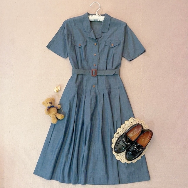 chambray open collar one-piece