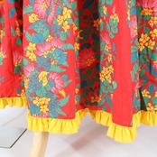 【日本製 フラダンス衣装】レッド Paondor パンドール ワンピース ドレス レフア柄 黄 フリル 花柄 緑 鮮やか イエロー 可愛い