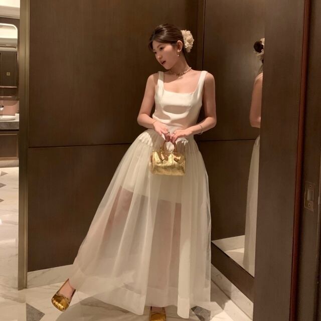 【予約販売】ワンピース レディース ノースリーブ シアー 透け感 フレア ロングワンピース ホワイト こなれ感 パーティー 結婚式 ワンピ 大人可愛い ドレス エレガント上品 韓国 S/M/L