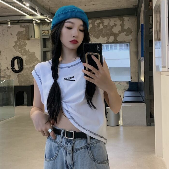 サマーカジュアルラインノースリーブTシャツ ラウンドネックトップス 夏物 Oネック ケッペル71412178147