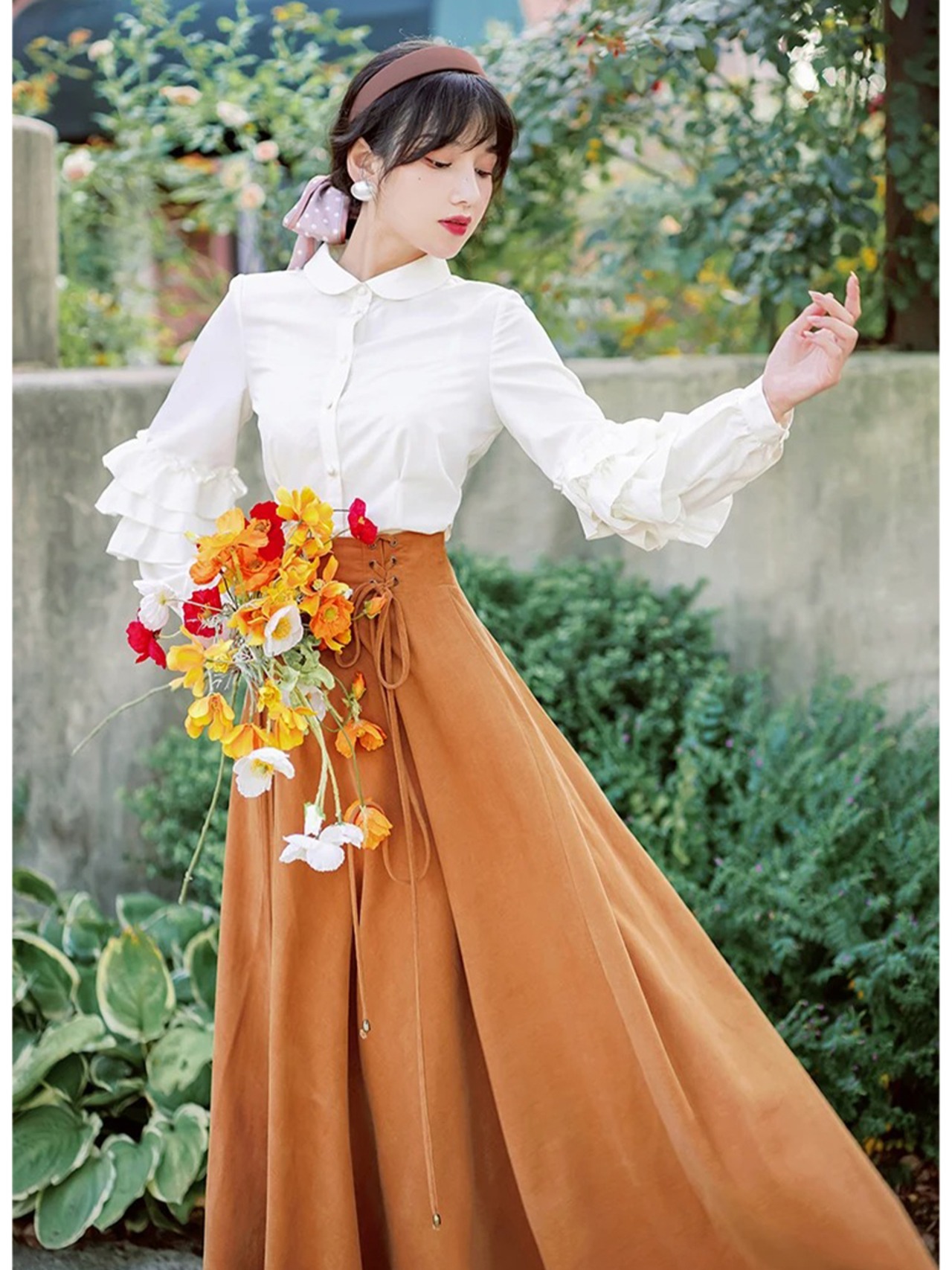 【0205】Tiered Shirt Corduroy Skirt Long Sleeve 2 Piece Set